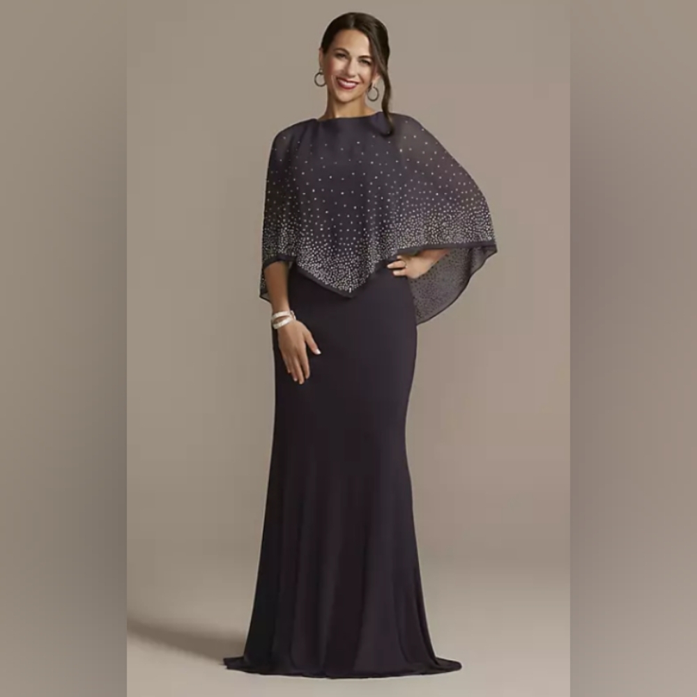🆕Oleg Cassini Jersey Cape Gown with Sparkle Embellishment